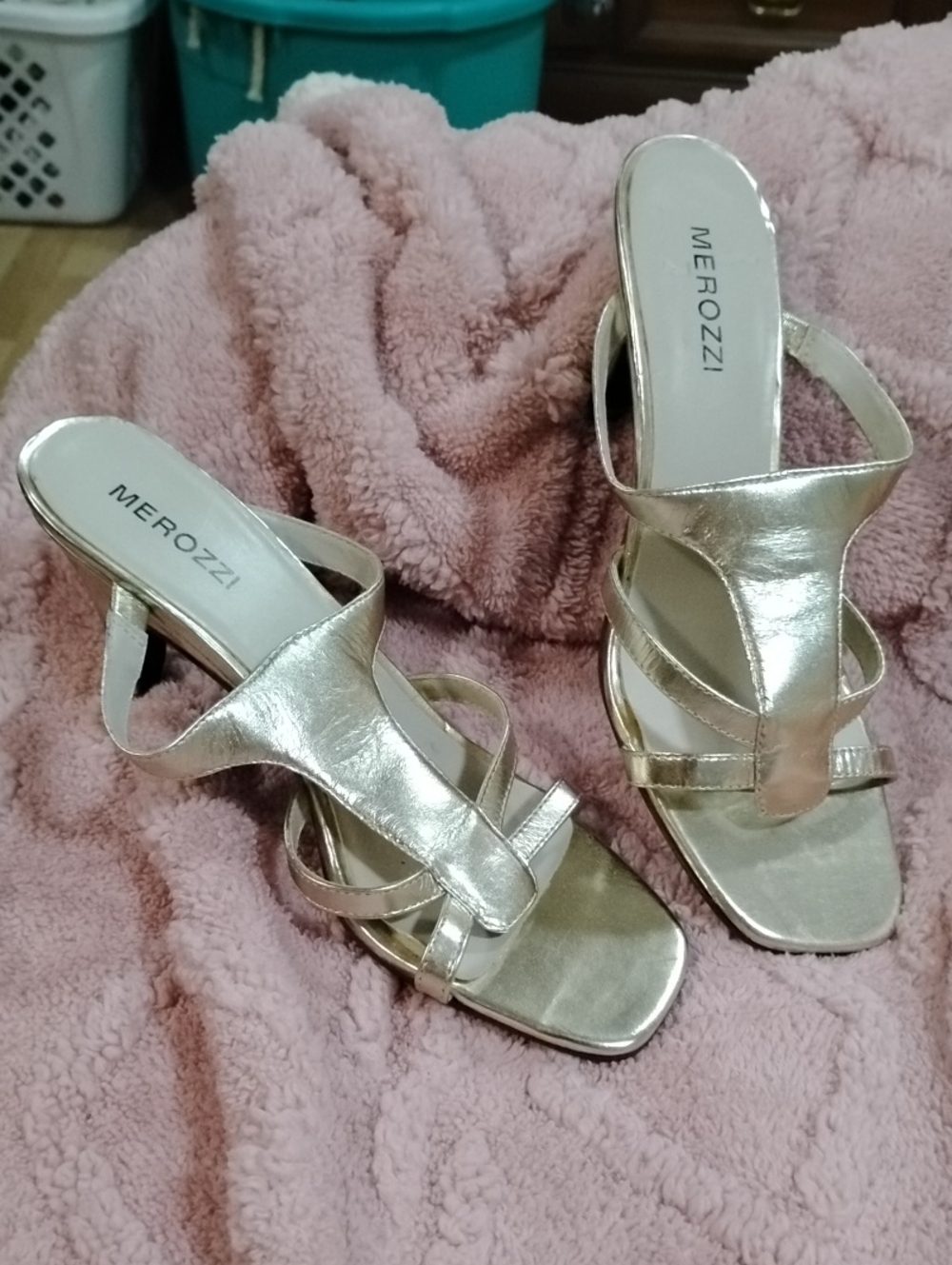 Women's Gold Strappy Mid-Heel Sandals